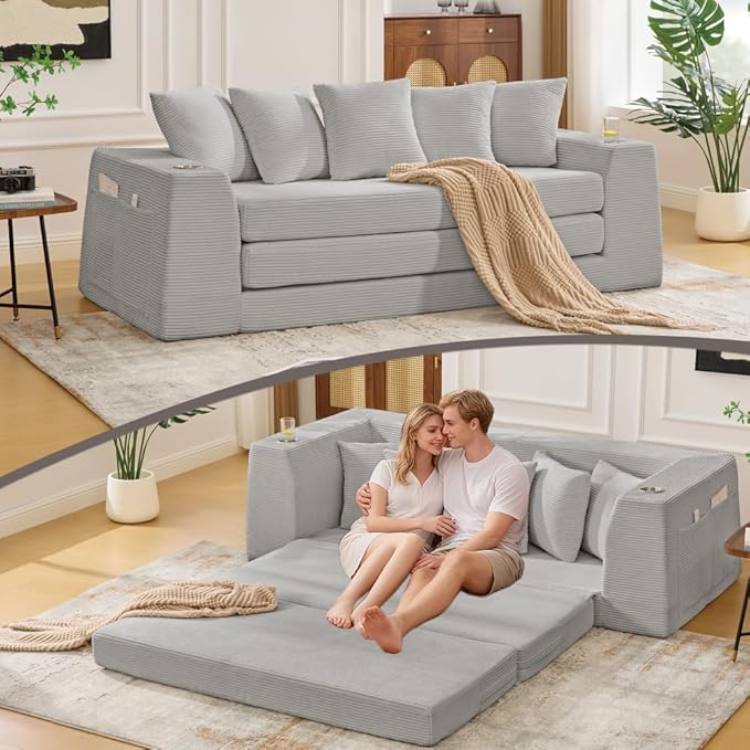 82.25 Convertible Loveseat Sleeper Sofa Bed with Side Pocket 2 in 1 Corduroy Pull Out Bed with 5 Pillows Boneless Couch with 2 Cup Holders and Wide Armrest No Assembly Light Gray