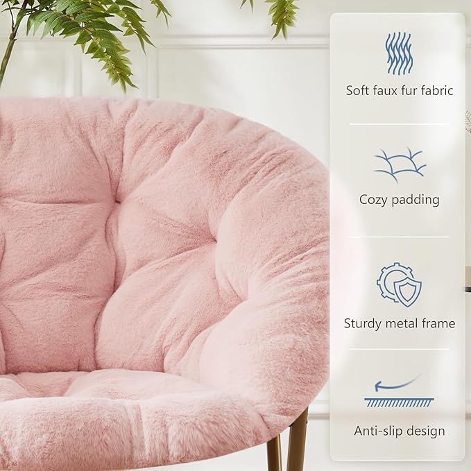 DUMOS Comfy Saucer Chair Faux Fur Lounge Seasting XL Circle Chair for Bedroom Dorm &amp Gaming Foldable Fashion Accent Seat for Small Spaces Folding Moon/Mushroom/Round Oversized Style