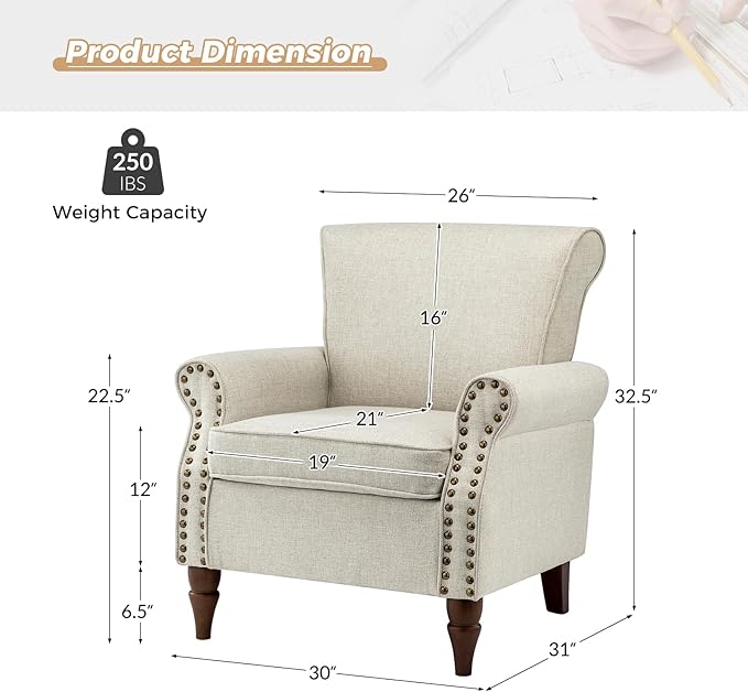 HULALA HOME Accent Chair with Wood Legs &amp Removable Cushion Modern Wingback Armchair with Nailhead Trim Comfy Upholstered Lounge Chair Single Sofa Chairs for Living Room Bedroom Oatmeal