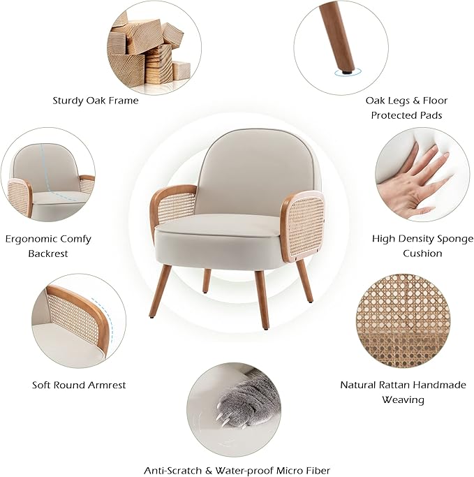 Accent Chairs Rattan Comfy Upholstered Modern Arm Chair for Living Room Chair Reading Bedroom Balcony Faux Leather Chair