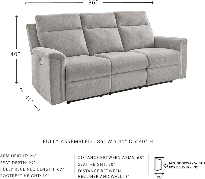 Signature Design by Ashley Barnsana Minimalist Power Reclining Sofa with USB Charging Ports Light Gray