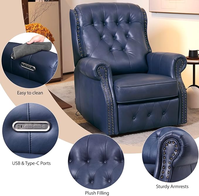 EONIX Dual Motor Lay Flat Power Recliner Chair Mid Century Wingback Recliner with Independent Adjustable Backrest and Extended Footrest 400lbs Heavy Duty Breathable Faux Leather Navy Blue