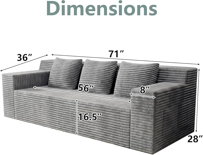 71 Cloud Loveseat SofaBoneless Deep Seat 2-Seater with 3 Pillows&ampSide PocketNo Assembly Foam Floor CouchPlush Corduroy Living Room Sofa for Small Space Apartment(Flat HandrailLight Grey)