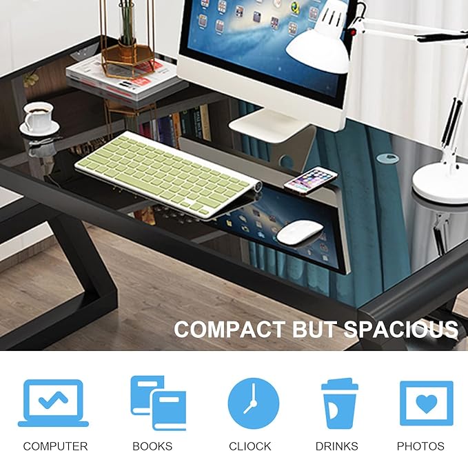 IPKIG Glass Computer Desk and Chair Set Foldable Office Chair and Glass Top Computer Desk with Carbon Steel Frame Home Office Desks Computer Table Study Writing Desk Workstation for Living Room