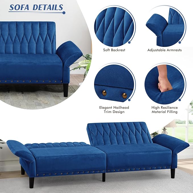 77” Velvet Sofa Bed with Adjustable Armrests and BackrestsTufted Convertible Futon Couch with Nailhead Trim Loveseat Modern Velvet Sleeper Sofa for Living RoomBedroomOfficeBlue