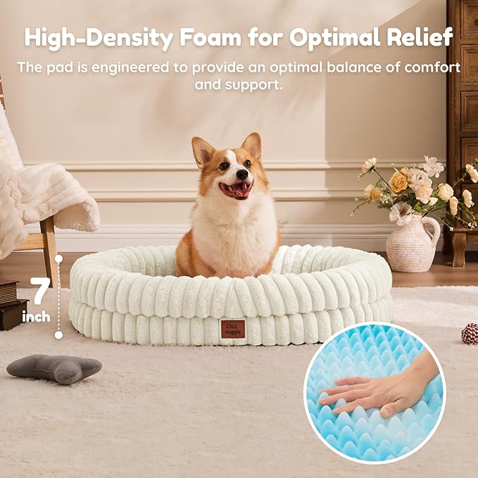 Dog Bed Large Sized Dog - Luxury Striped Faux Fur Waterproof Pet Couch with Removable Washable Cover Orthopedic Pet Bed with Bolster Sides for Sleeping Cream