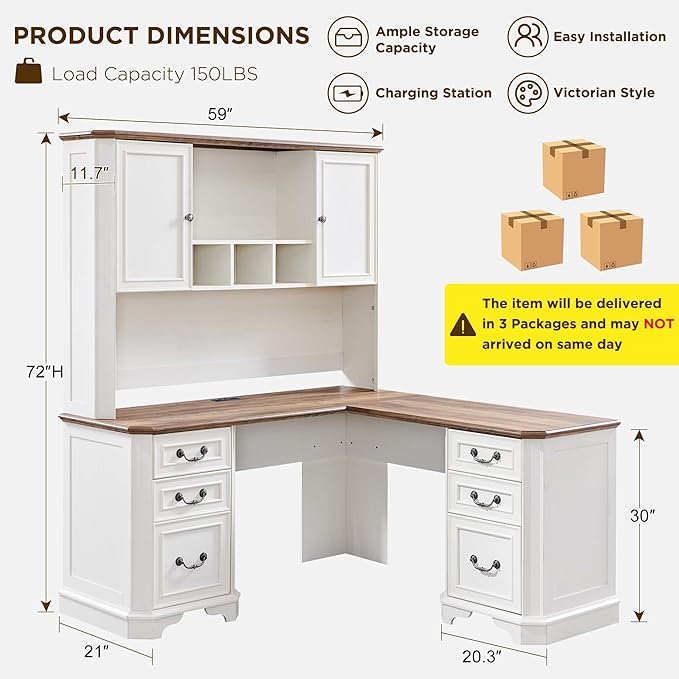 T4TREAM 59 L Shaped Desk with HutchVictorian Wood Computer Desk Featuring Charging StationFile Drawer Storage Cabinetfor Home Office Work and Study (Antique White)