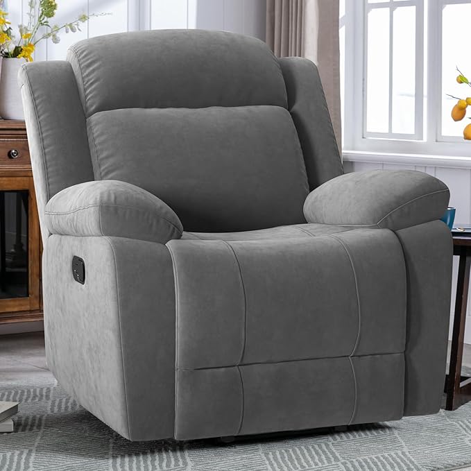 Rocker Recliner Chair for Adults Manual Recliners with Overstuffed Backrest and Armrests Upholstered Rocking Reclining Sofa Chair for Living Room Grey