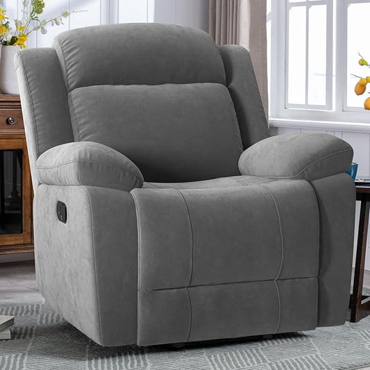 Rocker Recliner Chair for Adults Manual Recliners with Overstuffed Backrest and Armrests Upholstered Rocking Reclining Sofa Chair for Living Room Grey