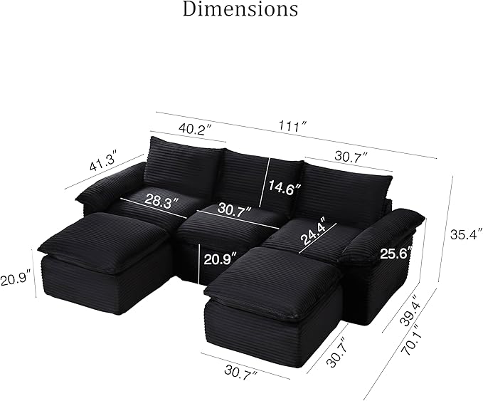 DEINPPA U Shape Modular Couch with Ottoman 5 Seat Cloud Sofa with Deep Seat for Living Room Apartment Corduroy Upholstered Comfy Couch-Black