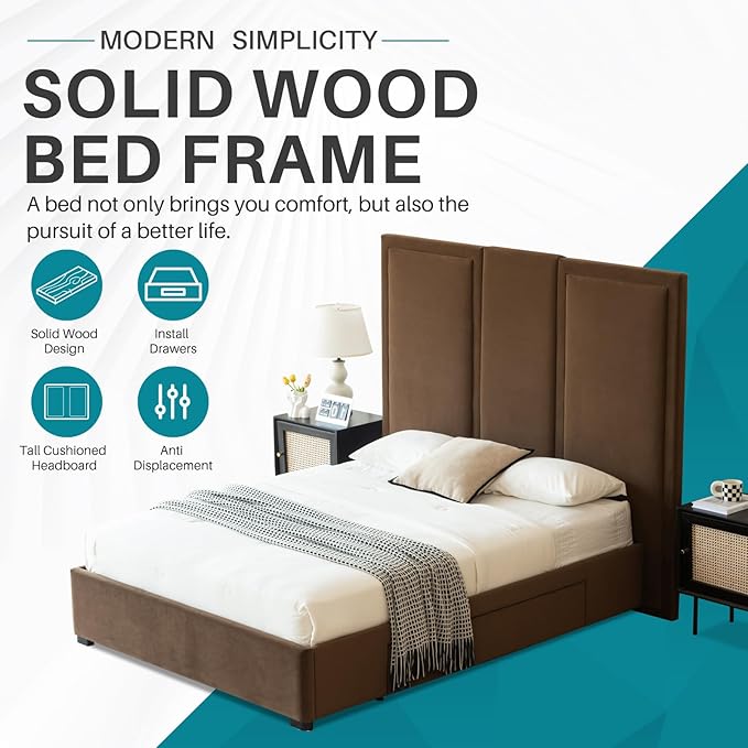 YUHUASHI Queen Size Bed Frame with 64-inch High Headboard Simple and Airy Linen Upholstered Platform Bed with Storage Drawers Wood Slat No Noise (Brown Queen)