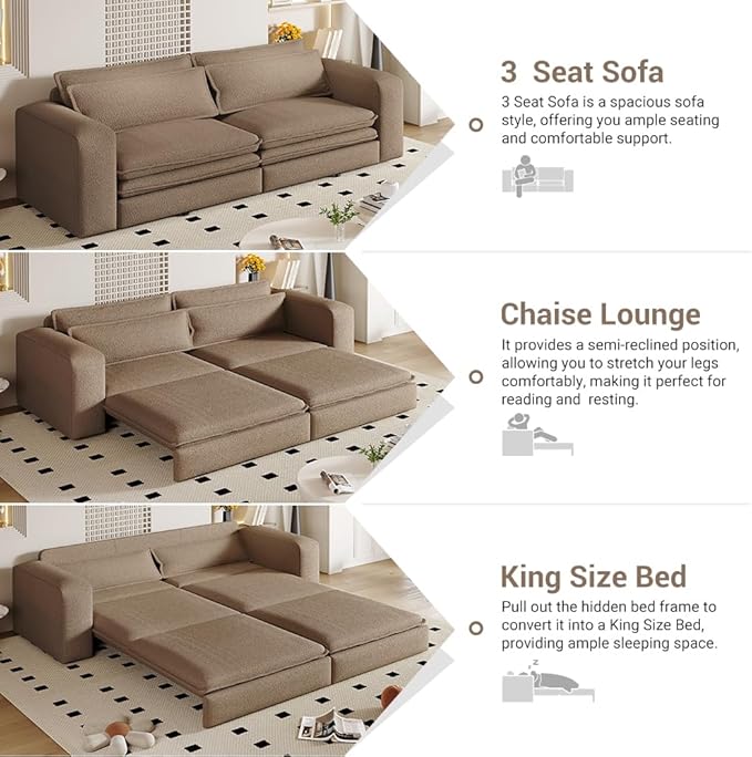 KEIKI 93 King Size Sleeper Sofa Bed 3 in 1 Convertible Sleeper Sofa Pull Out Sofa Bed 3 Seat Teddy Couch with 2 Lumbar Pillows for Living Room Apartment Office Studies Camel