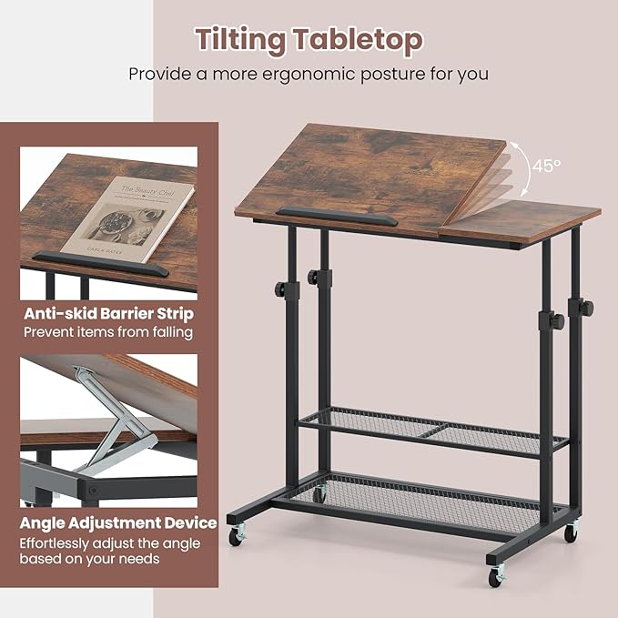 Tangkula Mobile Computer Desk Cart Height Adjustable Rolling Laptop PC Desk with Tilting Tabletop &amp Storage Shelves Small Compact Desk on Wheels for Small Space Living Room &amp Bedroom (Rusti