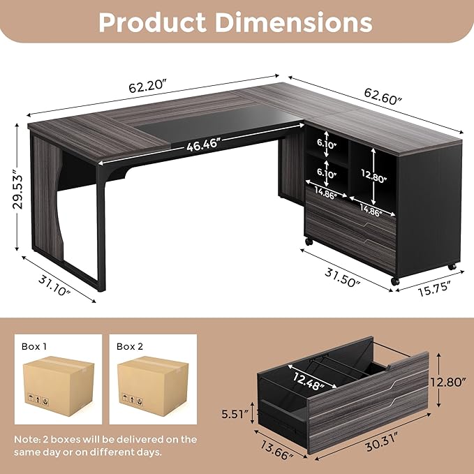 L Shaped Executive Computer Desk with Mobile File Cabinet and LED Light 63 inch Large Office Table Business Furniture with Storage and Drawers for Home Office Gray and Black