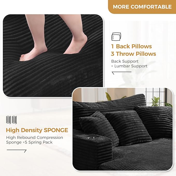60 Chaise Lounge Indoor Upgraded Oversized Plush Faux Fur Sleeper Sofa Bed w/Pillows &amp Wide Armrests Fluffy Upholstered Reading Chairs Cloud Sofa Couches for Living Room Set of 2Black