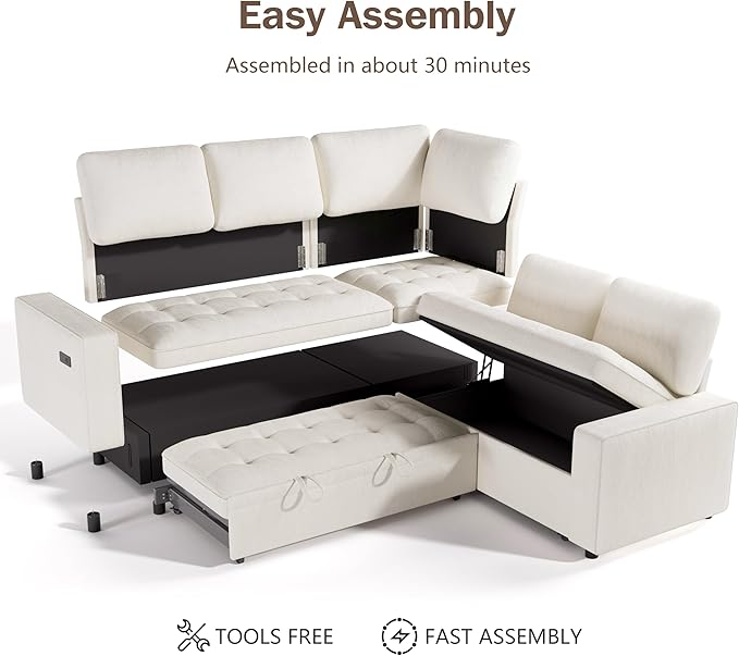 Sunny Heart Chenille Modular Sectional Sleeper Sofa with Pull Out Bed L Shaped Sectional Sofa with USB Ports/Adjustable Backrest/Storage Seats Tool-Free Assembly Couches for Living Room Beige