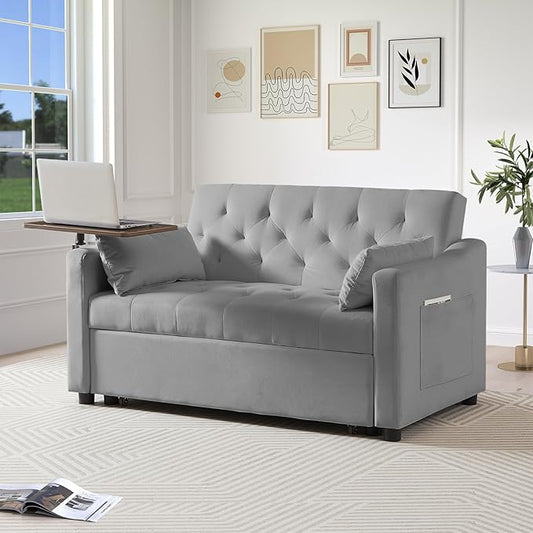 3 in 1 Loveseat Sleeper Adjustable Backrest Convertible Sofa Bed Small Pull Out Couch with 360° Rotating Side Table for Living Room Apartment Bedroom Grey
