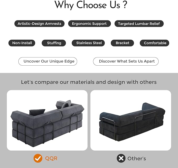 79'' Sofa Bed Corduroy Sleeper Sofa Bed with Fixed Frame Floor Sofa Lounge with Pillow Pull Out Couch for No Assembly Space Living Room Bedroom Lounge Studio (Dark Grey1)