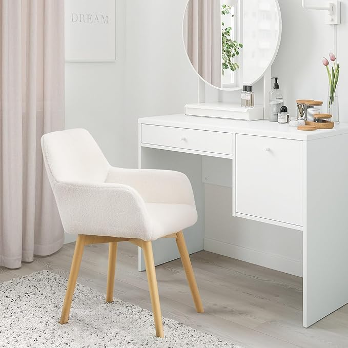 Desk Chair No Wheels Vanity Chair Makeup Chair Comfy Accent Chair for Living Dining Room Bedroom Home Office Mid Century Modern Upholstered Armchair Sofa with Wood Legs (Wool White 1)