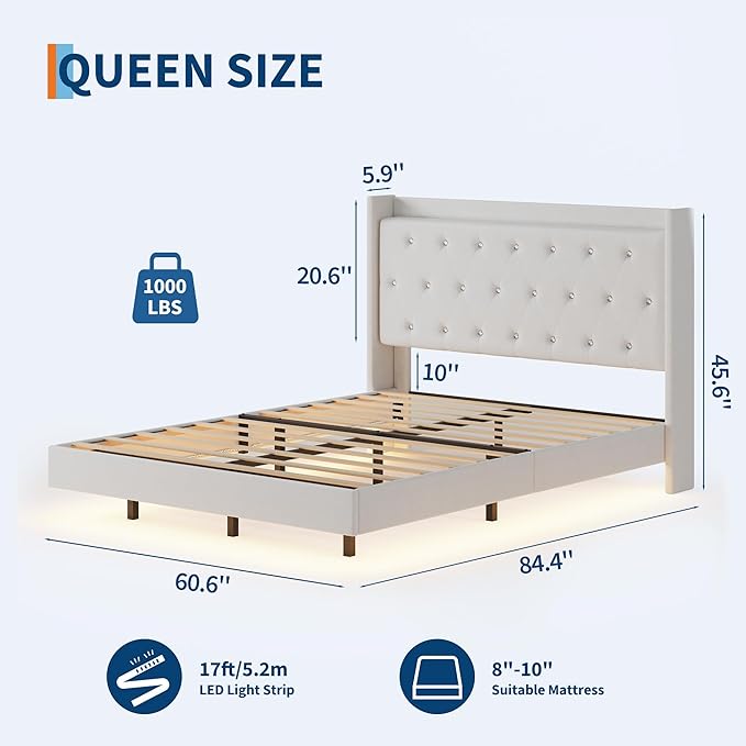 IDEALHOUSE Queen Size Bed Frame with LED Lights Floating Platform Bed with Velvet Upholstered Storage Headboard No Box Spring Needed Noise Free Easy Assembly