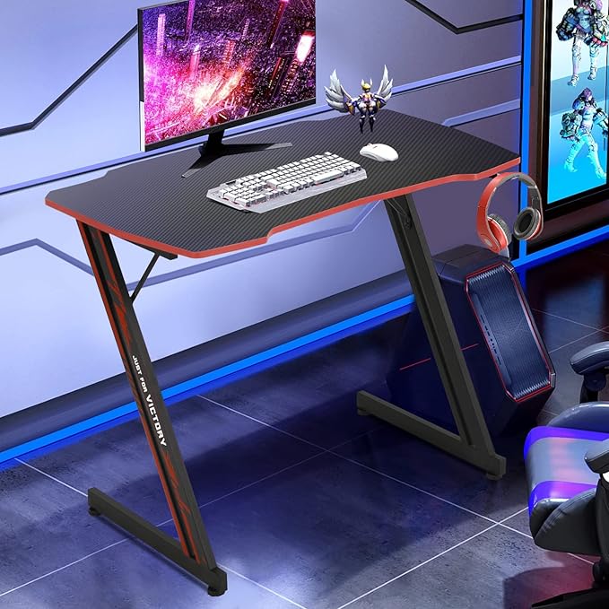 Dkelincs 35 inch Gaming Desk Z-Shaped Computer Desk PC Computer Table Home Office Desk Ergonomic Gamer Workstation with Headphone Hook Red