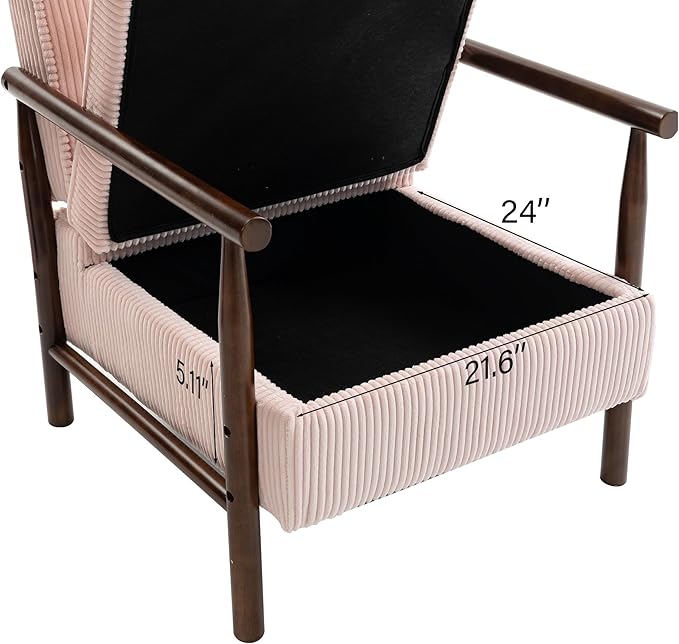 Accent Chair Comfy Modern Mid-Century Accent Chairs with Storage Corduroy Upholstered Lounge Armchair with Solid Wood Reading Side Single Sofa for Living Room/Office/Balcony/Bedroom-Pink