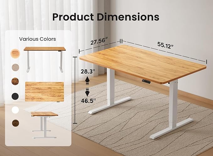 BANTI 55 × 28 Inches Standing Desk Ergonomic Electric Height Adjustable Sit and Stand Up Computer Desk with a Deeper Desktop White Frame/Light Rustic Top