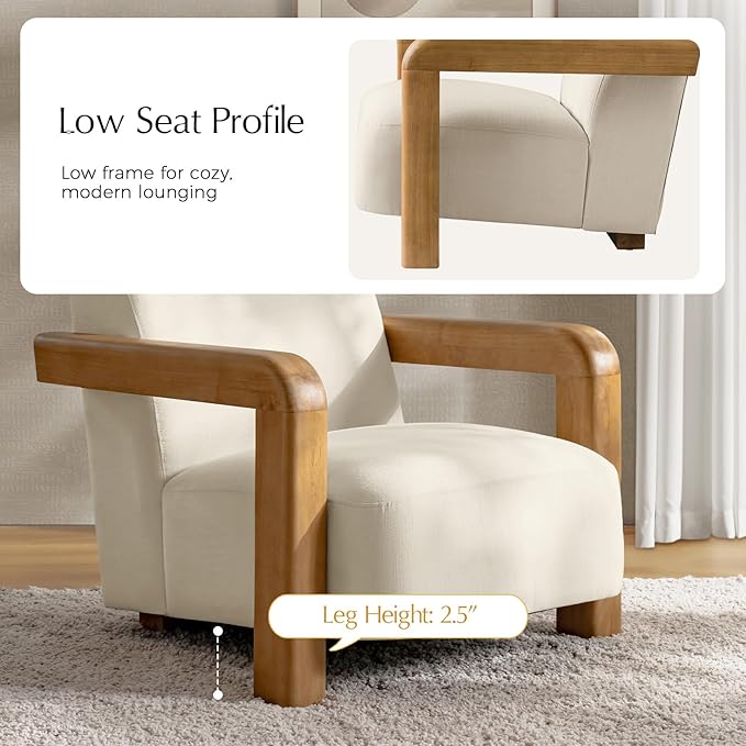 HULALA HOME Boucle Accent Chair Modern Low-Profile Leisure Armchair with Thick Padded Seat Cushion Solid Wood Frame &amp Curved Armrests Ideal for Living Room/Bedroom/Reading Corner(Linen)