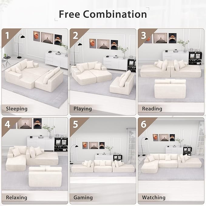 Verano Garden 133 U-Shaped Modular Sectional Sofa Modern Cloud Couch with Double Chaise Comfy Corduroy Couch with Memory Foam Deep Seat Floor Sofa No Assembly Required (Cream White)