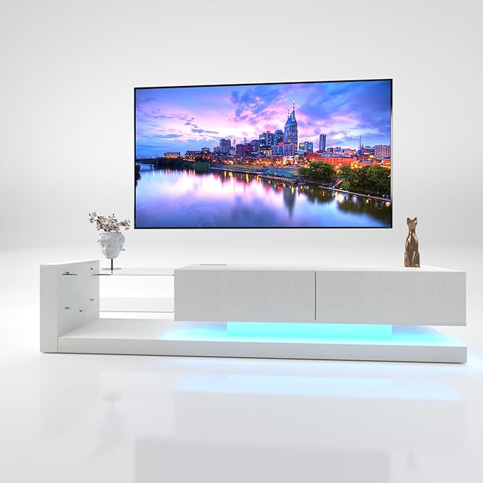 LED TV Stand for 55 65 75 Inch TV Entertainment Center Equipped with Two Pull-Down Door Storage 50 60 70 Inch TV Console with Tempered Glass and Power Cord for Living Room White