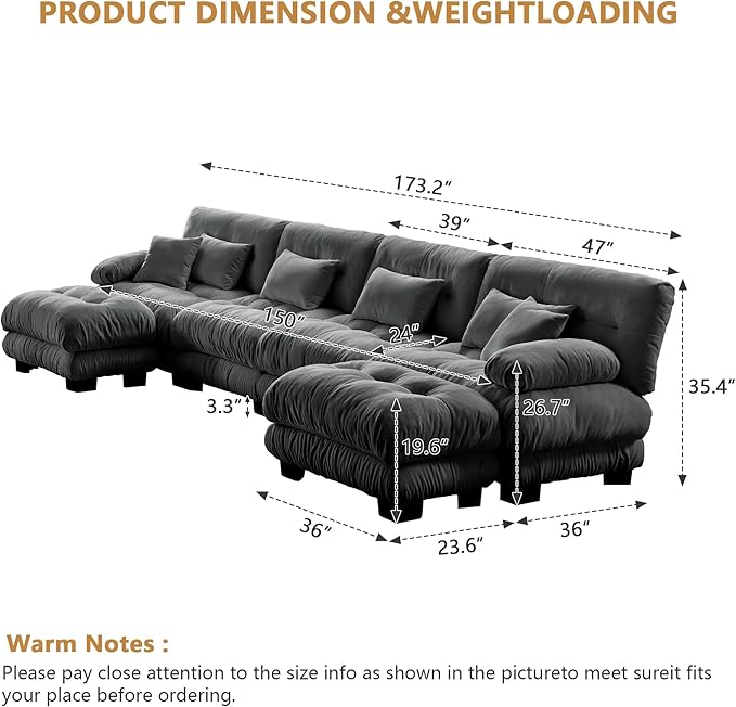 Aoowow Modern Modular Sectional Sofa173.2 Oversized 4 Seater U-Shaped CouchChenille Cloud Couches for Living RoomTufted 4 Seat Cloud Sofa Deep Seat (Chenille Grey 4 Seater with 2 Ottomans)