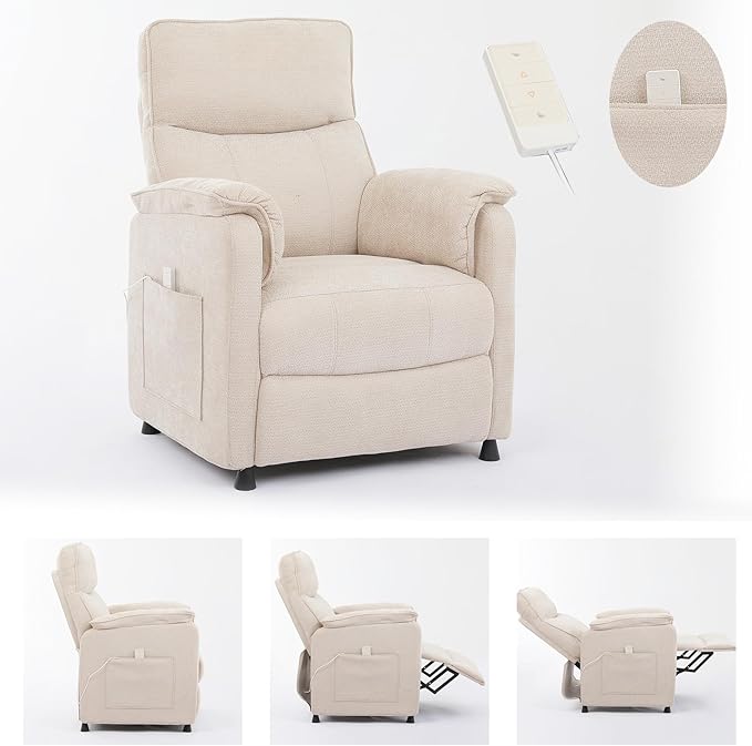 Small Electric Nursery Recliner Chairs for AdultsGrey Power Recliner Chairs with Remote &amp Side Pockets Fabric Reclining Chair for Living Room Bedroom Ofiice Comfort &amp Space-Saving (Beige)
