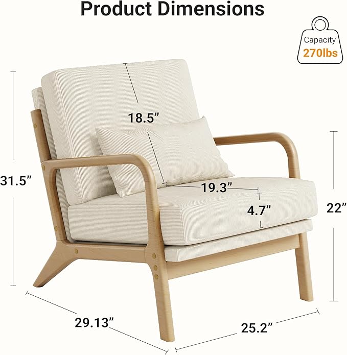 Claiks Mid-Century Modern Accent Chair Living Room Armchair with Solid Wood Frame &amp Lumbar Pillow Comfy Upholstered Lounge Chair for Bedroom Office Corduroy Beige