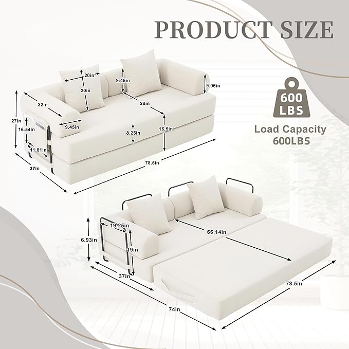 4‑in‑1 Convertible Sleeper Sofa Bed DIY Combination Floor Sofa Lounge Couch with Cylindrical Pillow Corduroy Futon Folding Mattress Couch for Apartment Bedroom Playroom Beige