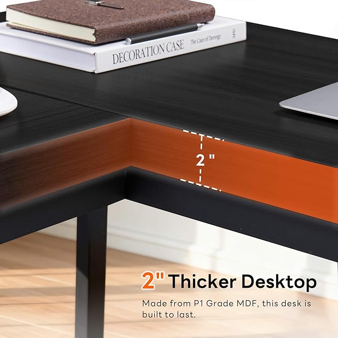 ivinta L Shaped Desk Modern Corner Home Office Computer Desk with 2 Thicker Desktop for Study Work Simple Reversible Worksation with Metal Frame for Bedroom Living Room Novas (Black)