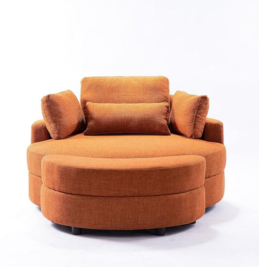 ERYE Oversized Round Accent Barrel Chair with Storage Ottoman and Adjustable Headrest Modern Linen Upholstered Leisure Recliner Armchair for Living Room Bedroom