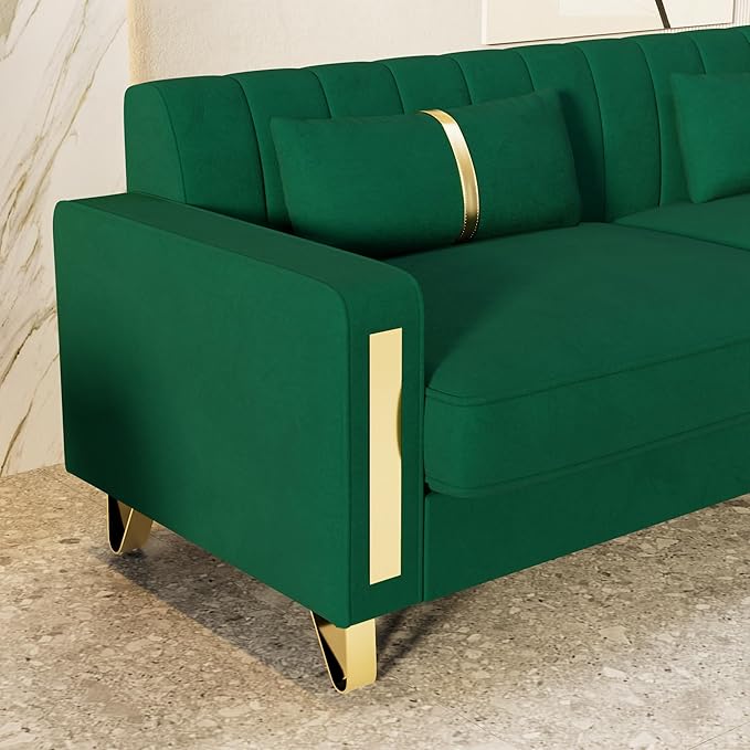 85.63 Modern Green Velvet Sofa with Gold Metal Legs Large Upholstered Comfy 3 Seater Couches for Living Room Bedroom Office (Green)