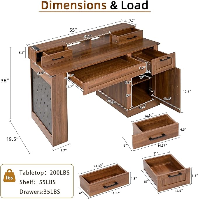 White Farmhouse Desk with Drawers &amp Charging Station Wood Executive Desk with Storage Cabinet &amp Keyboard Tray Computer Desks with Monitor Stand &amp Pegboard for Home Office (Brown)