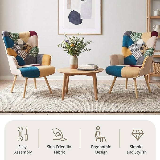 Joysoul Living Room Accent Chair Modern High Back Arm Chair Colorful Plaid Bohemian Style Chairs for Bedroom Waiting Room