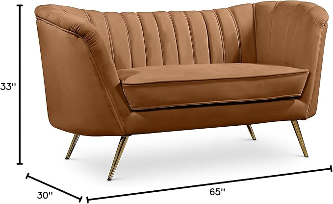 Meridian Furniture 622Saddle-L Margo Collection Modern Contemporary Velvet Upholstered Loveseat with Stainless Steel Base in a Rich Gold Finish Saddle 65 W x 30 D x 33 H