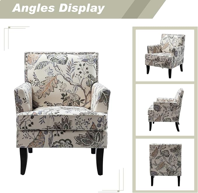 HULALA HOME Modern Accent Chair with Arms and Wooden Legs Floral Patterned Accent Chair Armchair High Back Rest Padded Armrest and Comfortable Cushioned Seat for Living Room (Orange Grey Floral)