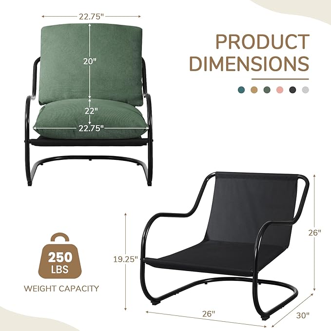 Peace nest Modern Accent Chair Comfy Living Room Suspended Chair Bedroom Armchair with Mental Frame Comfortable Upholstered Cushion for Balcony Lounge Reading Meeting Room Green