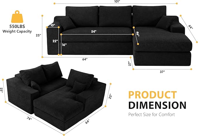 HABUTWAY 101'' Modular Sectional Sofa Cloud Sectional Couches for Living Room Comfy Boneless Couch with Deep Seat Modern L-Shape Sofa with Chaise No Assembly Required (Black Right Facing Chaise)