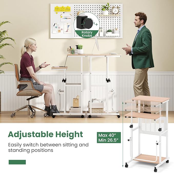 Tangkula Adjustable Standing Desk Mobile Rolling Computer Desk with Storage Shelf Portable Laptop Table with Footrest Mesh Panel Lockable Wheels Sit Stand Workstation for Home Office