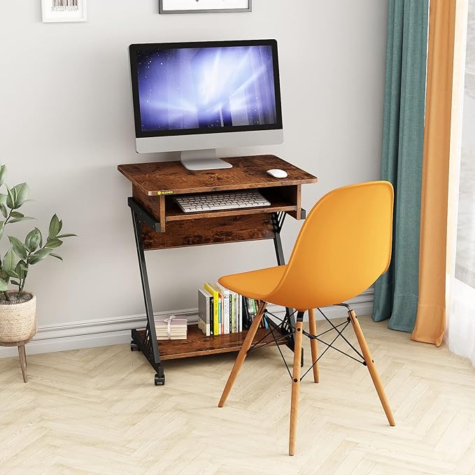 23.5 Inch Small Home Office Desk Study Writing TableMobile Computer Desk with Keyboard Tray Z-Shaped Compact Study TableSmall SpacesSturdy Study Writing Desk for Laptop (Brown)