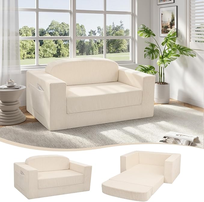 MeMoreCool Convertible Sofa Bed – Small Beige Corduroy Loveseat Sleeper Boneless Fold-Out Cloud Couch with Foam Trifold Floor Futon with Washable Cover for Bedroom Apartment Guest Room
