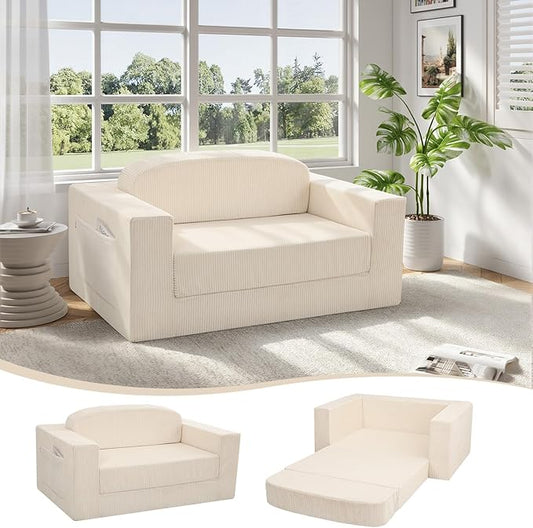 MeMoreCool Convertible Sofa Bed – Small Beige Corduroy Loveseat Sleeper Boneless Fold-Out Cloud Couch with Foam Trifold Floor Futon with Washable Cover for Bedroom Apartment Guest Room