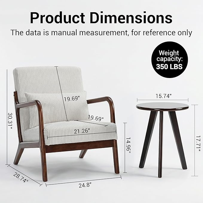 Accent Chair with Side Table Comfy Arm Chair with Solid Wood Frame Upholstered Mid-Century Modern Chair for Living Room Bedroom Waiting Room Beige