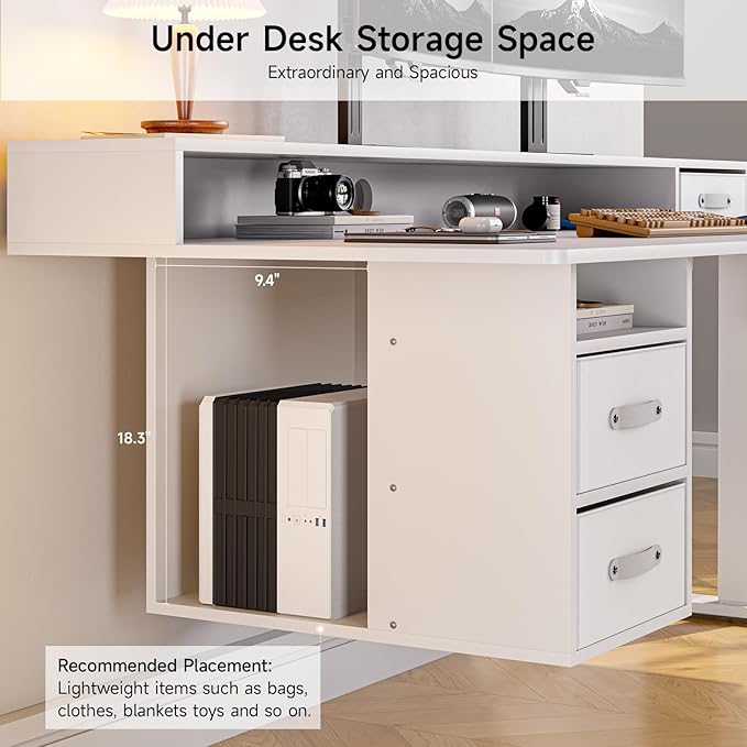ONBRILL Standing Desk with Drawers 55x24 Inch Electric Stand Up Desk with 3 Drawers and Open Storage Shelf Adjustable Height 28-46 Inches for Home and Computer Workstation White