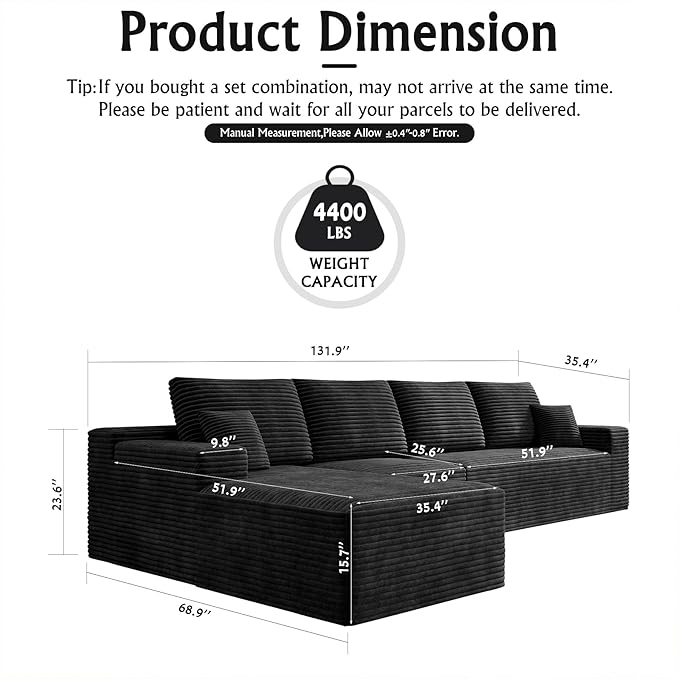 3-Piece Boneless Modular Sectional Sofa Cloud Couch with Left Facing Chaise Oversized Deep Seat Soft Corduroy Fabric Sectional Couch for Living Room-blackb